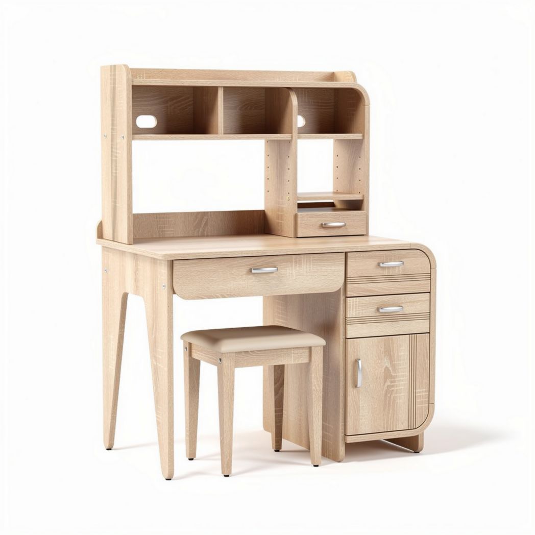 Wooden study desk with hutch and storage in natural finish 120 x 60 x 140cm