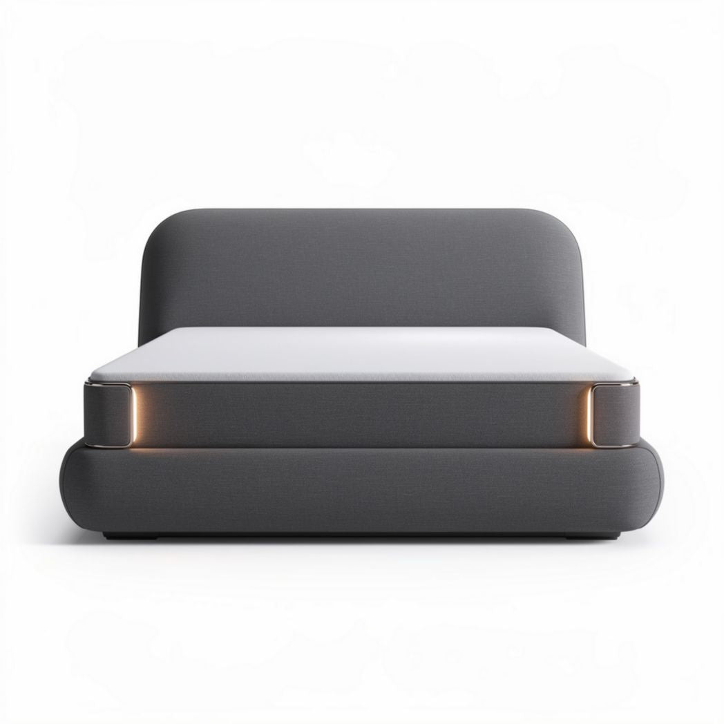 Modern fabric bed frame with built-in LED lighting in gray 200 x 160 x 30cm