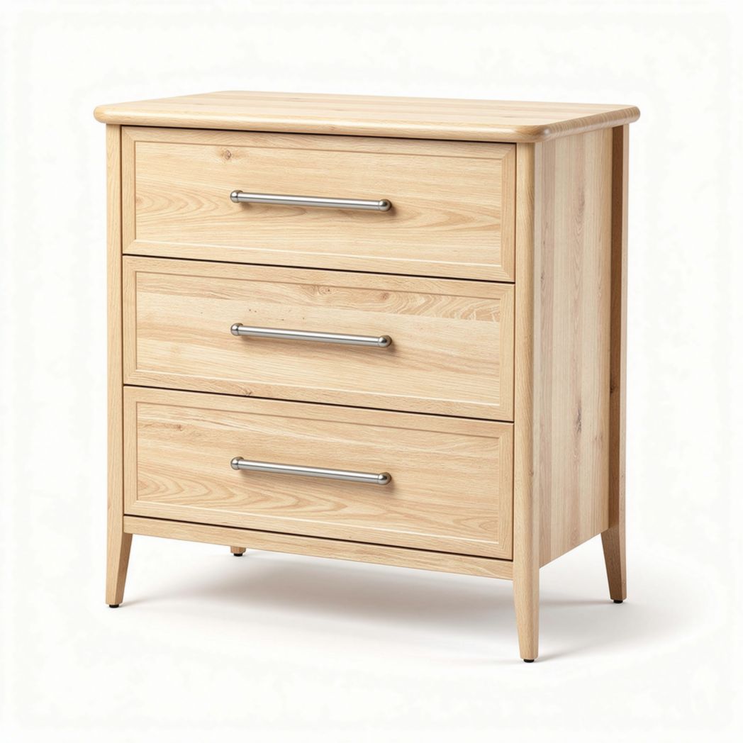Three-drawer wooden dresser in white finish with black hardware 40 x 30 x 70cm