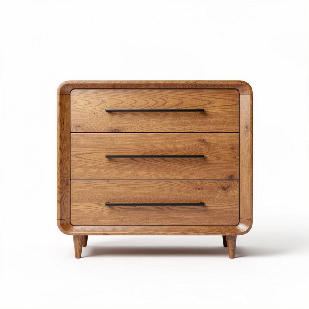 Wooden nightstand with three drawers and black metal handles 80 x 45 x 70cm
