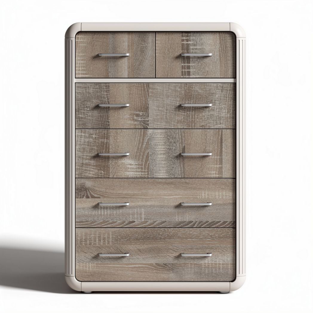 Wood grain six-drawer storage chest with metal handles in light gray 60 x 40 x 100cm