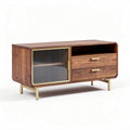 Oak wood media console with two shelves and black metal legs 120 x 40 x 50cm