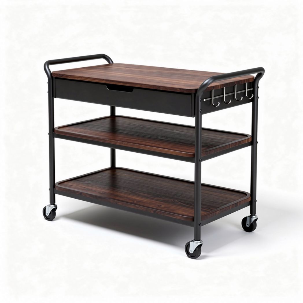 Wooden serving cart with metal frame and caster wheels 90 x 50 x 80cm