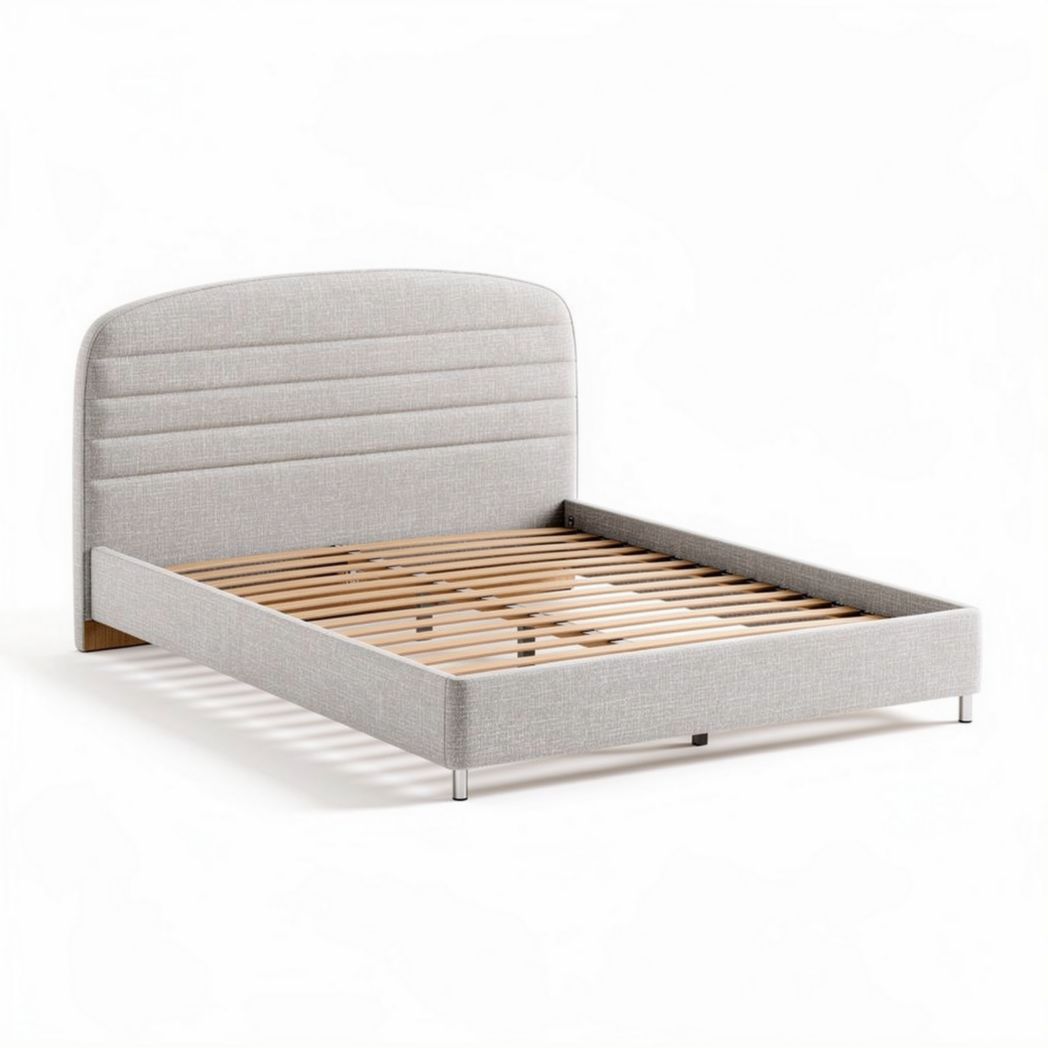 Upholstered bed frame with slatted wood support and gray fabric finish 200 x 160 x 30cm