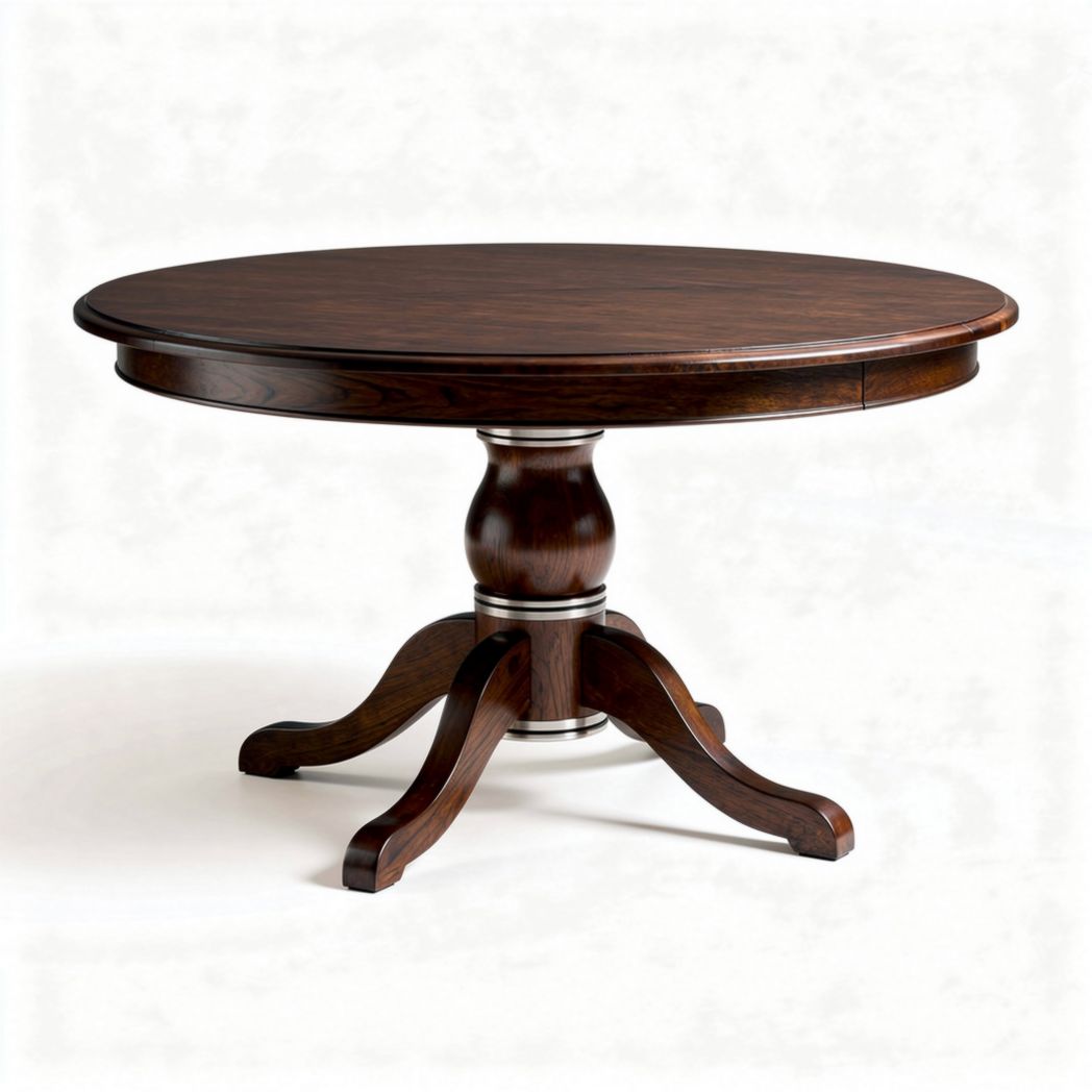 Round wooden dining table in dark finish with pedestal base 120 x 120 x 75cm